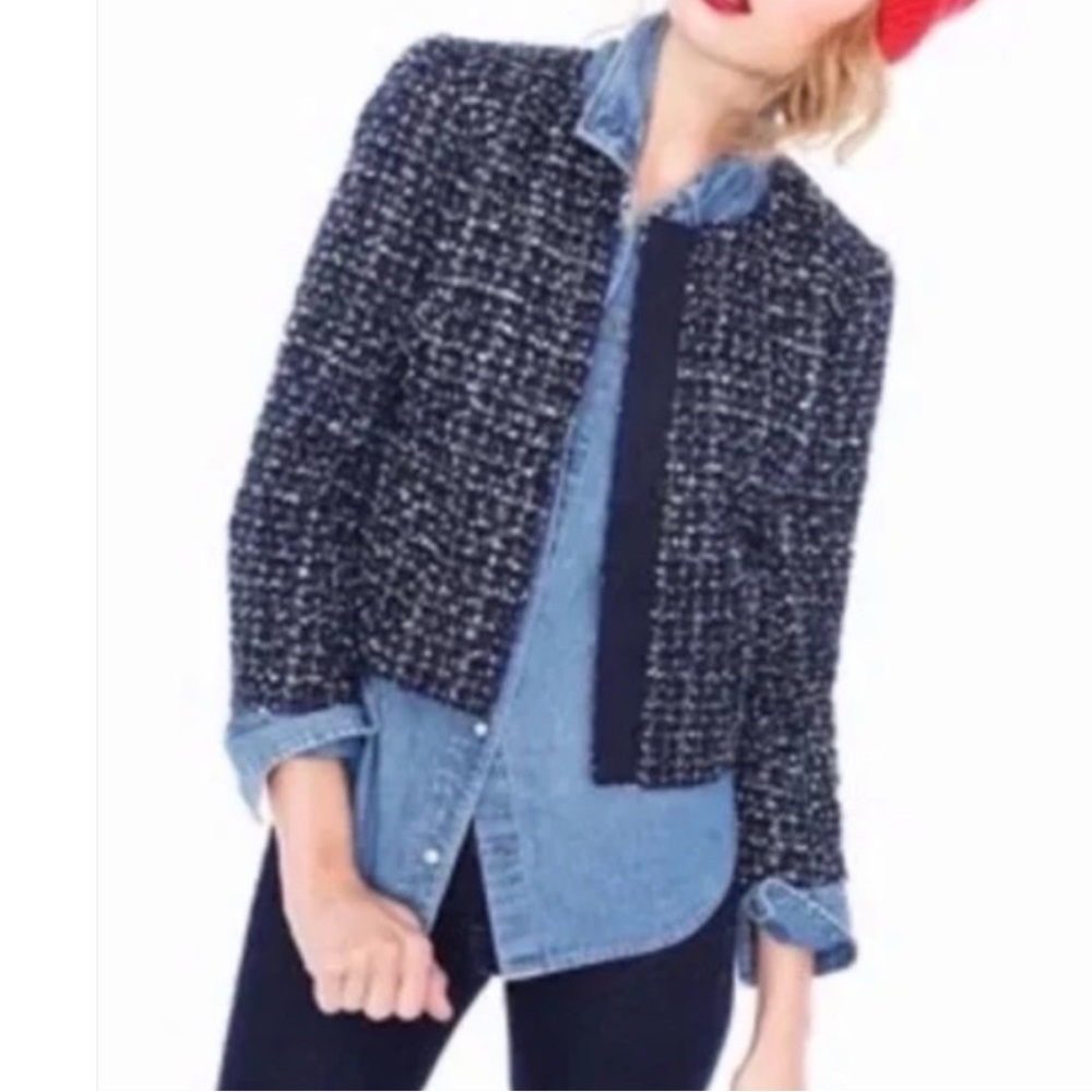 J. Crew Cropped Tweed Lady Jacket Black Blue & Silver